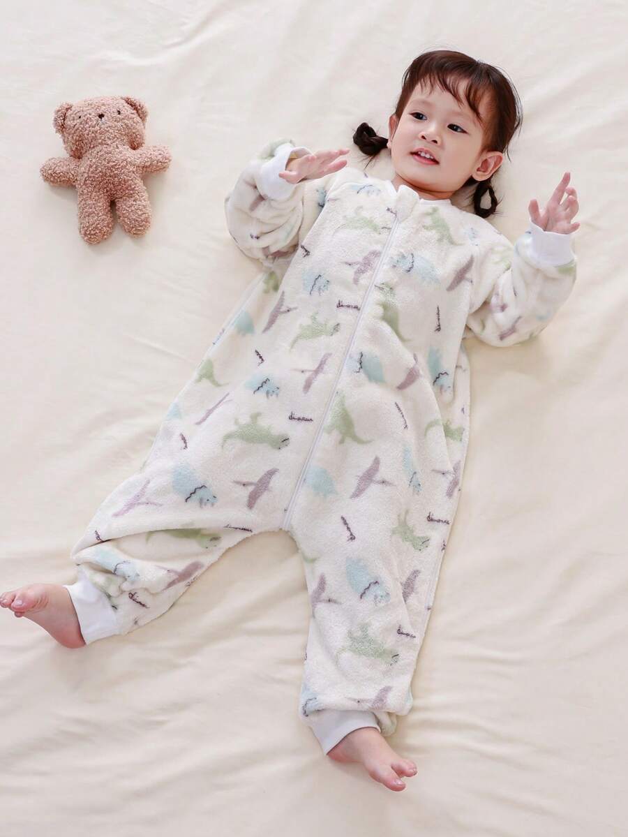 婴儿幼儿四季通用法兰绒分腿睡袋，蓬松柔软的恐龙印花长袖连体睡袋，适合0-3岁宝宝。