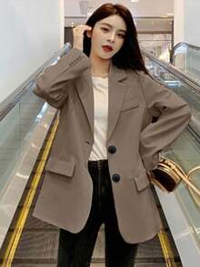 Blazers de Mujer, Mujeres casual suelta otoño Inglaterra delgada chaqueta de negocios ,Blazer informal de poliéster con cuello de solapa, botones al frente, manga larga y bolsillos para mujer, corte regular para uso diario - Caqui - Ver 2