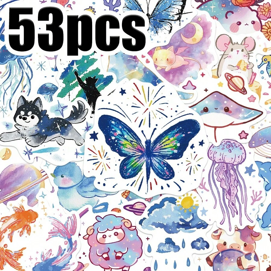 53 件涂鸦星夜小生物贴纸 PVC 材料不对称形状适用于剪贴簿日记本手提箱整理器桌面小风扇头盔自行车装饰自粘贴纸一次性使用非常适合节日礼物和派对用品！ - 彩色 - 查看 1