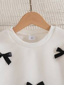 Conjunto de 2 peças de moletom com capuz e calça de lã com decoração casual de laço, gola redonda, ombro caído, manga comprida, para meninas, adequado para outono e inverno