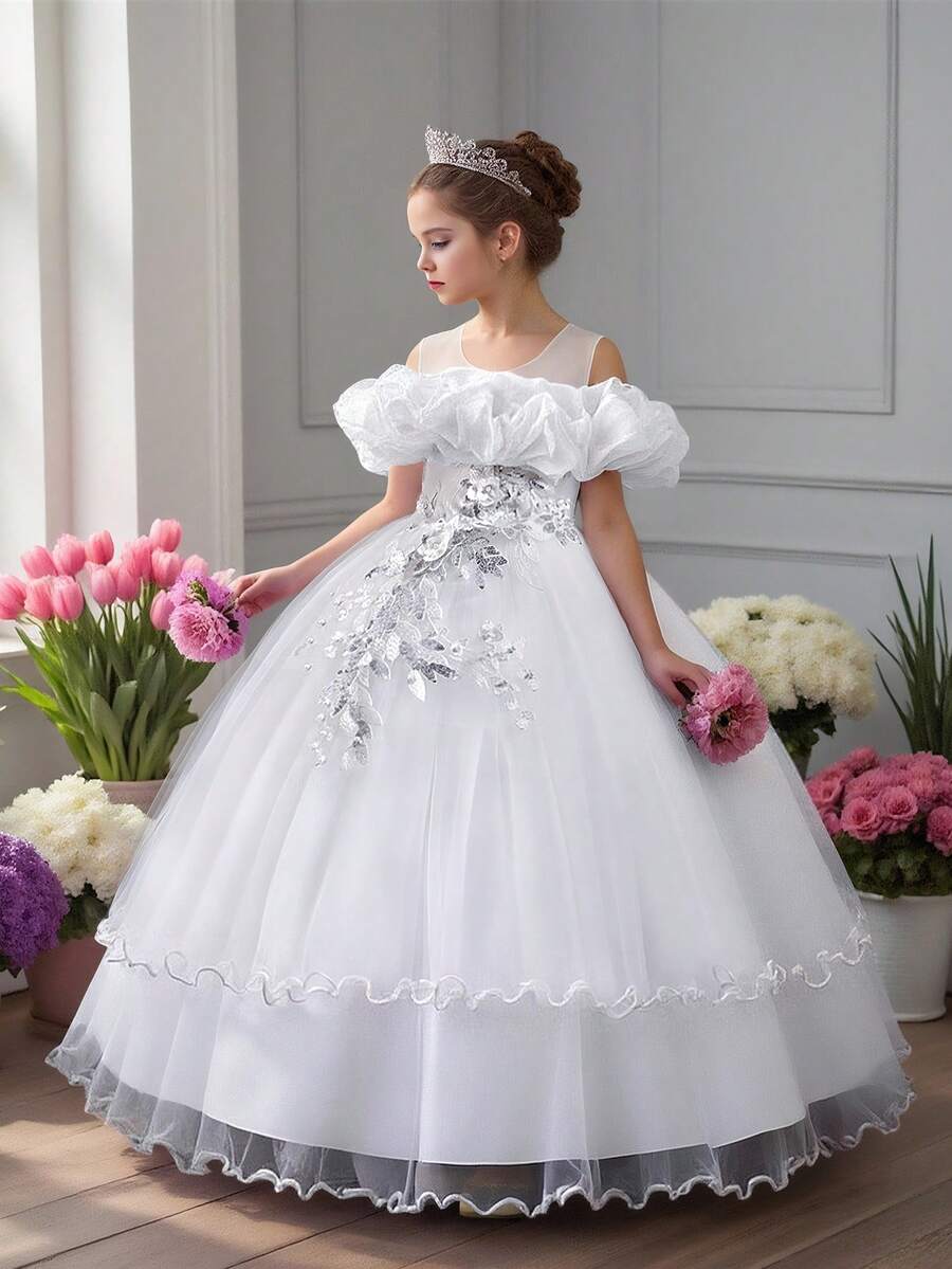 Tween Girls Sequin & Faux Pearl Applique Tulle Puff Party Princess Dress, Suitable For Birthday Celebration, Prom, Faux Pearl Decor, No Headband Included - 白色 - 查看 1