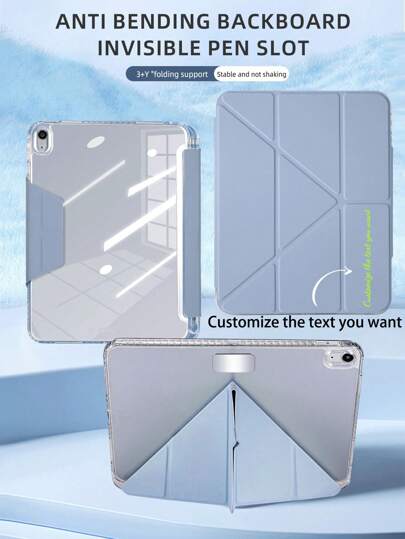 1pc Acrylic Y-Fold Flat Tablet Case, Customizable Text Design, Suitable For IPad Mini6/Mini7/9.7/10.2/10.5/Air4/Air5/10th/10.9/Pro11/Air11(M2)/Pro11(M4)/IPad Air 11-Inch (M3) 2025/Apple IPad(2025), Magnetic Closure, Multi-Angle Stand, Pencil Holder, Transparent Acrylic Back Cover, Sleep/Wake Function, Casual/Minimalist/Blue Tablet Sleeve