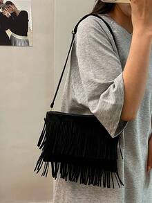 1 pieza Bolso bandolera de uso casual y versátil de moda con cremallera suave de PU negro, decoración con borlas, adecuado para uso diario de mujeres - Negro - Ver 4