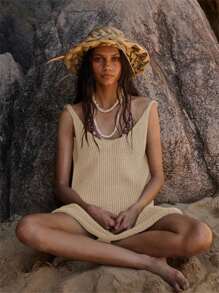 女士度假连衣裙、无袖沙滩裙、度假装、女士沙滩裙、泳衣罩衫 - 杏色 - 查看 1