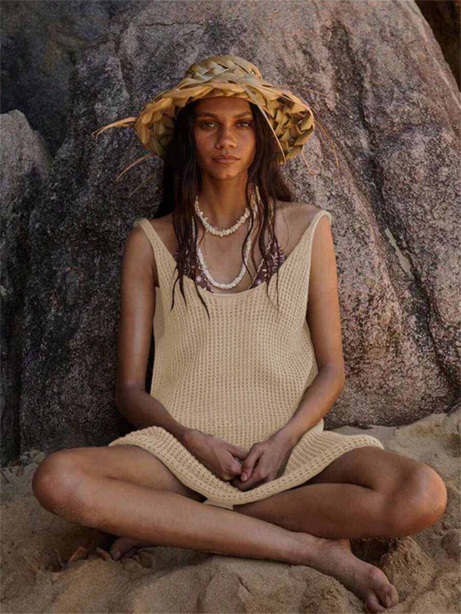 女士度假连衣裙、无袖沙滩裙、度假装、女士沙滩裙、泳衣罩衫 - 杏色 - 查看 1