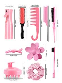 11 件套梳子套装，适用于男女梳理前侧和后侧，梳子套装，九排梳，顺发刷喷雾瓶，头皮按摩器洗发刷，高级宽齿梳，花形发夹，发型刷套装，返校，旅行度假必需品，女士发饰 - 粉色 - 查看 2