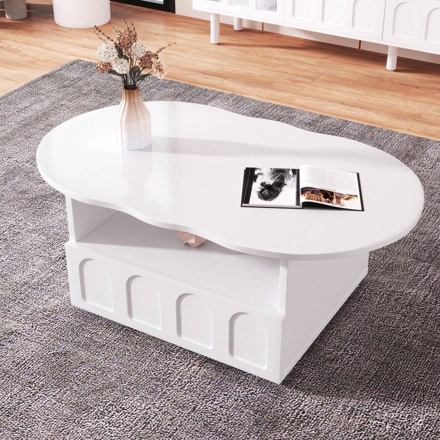 Coffee Table With Drawers, Open Compartment, Modern Sofa Table, Cloud Table, Living Room Table, Coffee Table For Living Room, Office, 100 X 60 X 40.5 Cm, White - 白色 - 查看 1