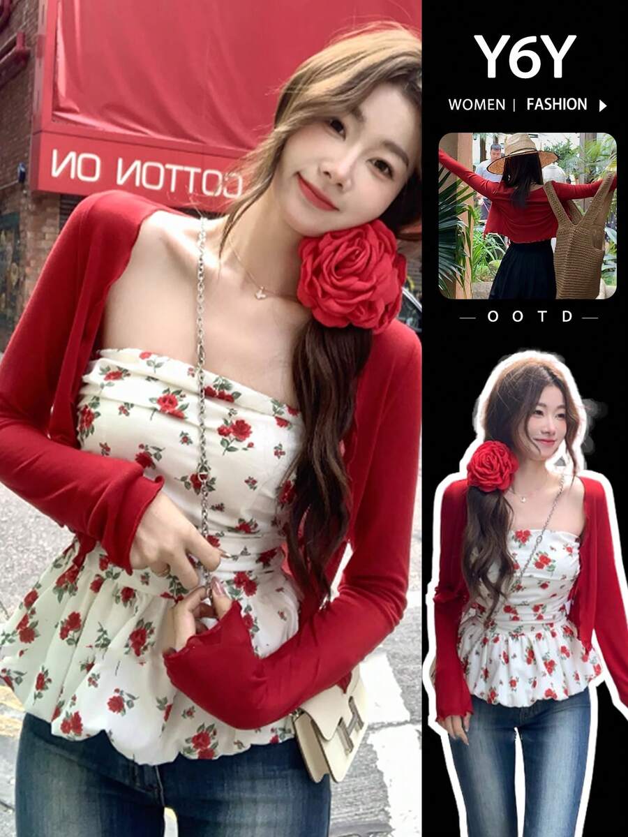 Y6Y 1pc Women's Cardigan Long Sleeve Knitted Cropped Jacket, High Stretch & Lightweight, Suitable For Layering With Camisoles - Red - View 1