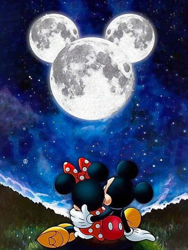 Disney 1pc Painted By Digital Painting Mickey Moon Viewing Painting Hand-Painted, Disney DIY Painted Canvas Modern Home Artwork 40x50cm (Without Frame)