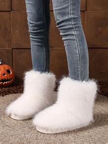 2025 New Fashionable Fluffy Faux Thermal Lined Slip-On Short Boots, Warm & Non-Slip - White - View 4