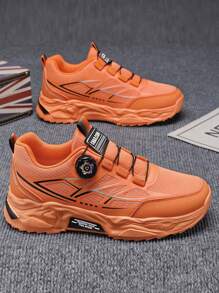 Men's Outdoor Casual Sneakers, Plus Size, Rotary Buckle Design, Elastic Band For Easy On/Off, One-Click Lacing, Mesh & Leather Upper, Anti-Odor Thick Sole, Fashionable Chunky Sneakers, Streetwear Style