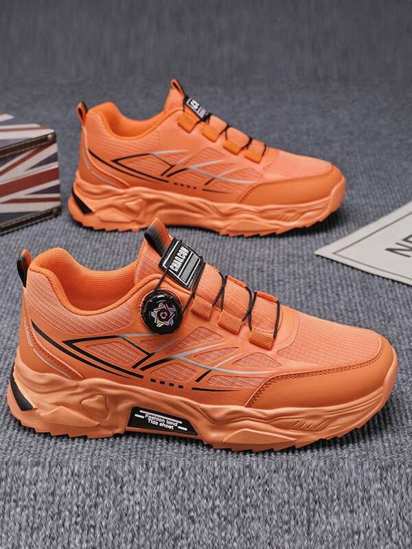 Men's Outdoor Casual Sneakers, Plus Size, Rotary Buckle Design, Elastic Band For Easy On/Off, One-Click Lacing, Mesh & Leather Upper, Anti-Odor Thick Sole, Fashionable Chunky Sneakers, Streetwear Style