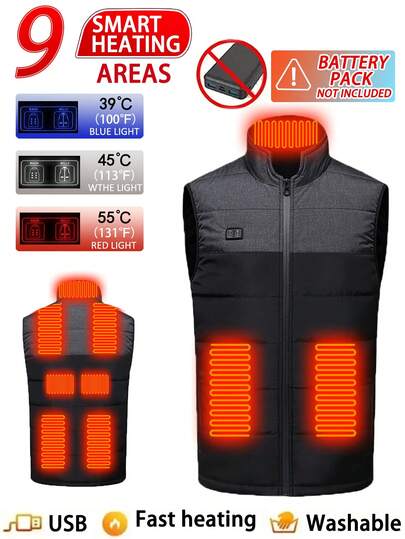 Chaleco casual de hombre de unicolor, chaqueta con calefacción de 9 zonas para mantener el calor en invierno