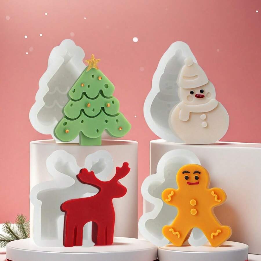 4 PEÇAS Moldes de Vela de Silicone de Árvore de Natal + Alce + Homem + Boneco de Neve + Homem de Gengibre, Molde de Resina Epóxi, Formas Fofas DIY, Artesanato de Vela Festiva de Natal para Cimento e Trabalhos Artísticos em Gesso Aromático, Ideia de Presente Perfeita