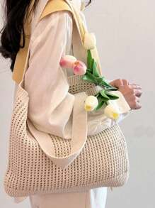 Summer Fashion Resort Beach Bag, Elegant White Ladies Handbag, Crochet Woven Women's Tote Bag, Lunch Bag, Shoulder Bag, Travel Essential, Cruise Essential, Suitable For Casual, Vacation, Shopping And Pairing With Business Casual Outfits, Suitable For Women, College Students, Mother's Day Gift, Wedding Bride & Bridesmaid Gift , Beach Bag - Beige - View 3