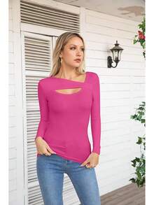 Womens Fashion Fall Cutout Long Sleeve Ribbed Slim Fitted Tops Shirts Tee Tshirts - Long-pink - View 2