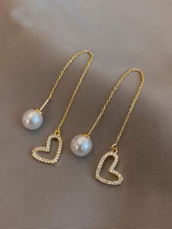 1 对珍珠吊坠长流苏心形耳环，优雅大方耳链