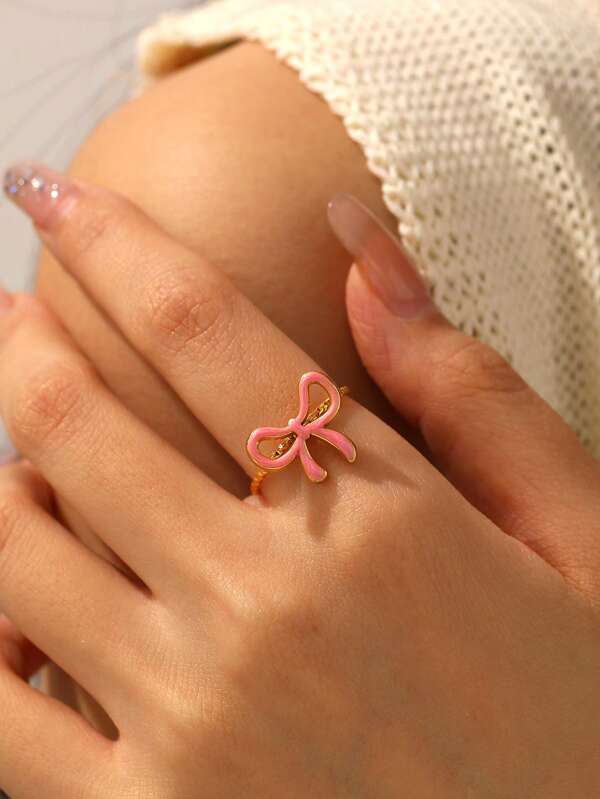 1pc Cute Drip Oil Bowknot 18K Gold Plated Stainless Steel Open Ring For Women, Suitable For Daily Wear