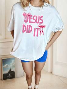 Women's Summer Casual Colorful Letter Jesus Did It Simple Bow Printed Pattern Round Neck T-Shirt Fashionable And Versatile, Girl. Graphic Tees Women White Top - White - View 7