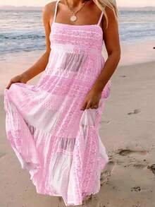 大码女式波西米亚印花吊带连衣裙，夏季透气面料宽松款式，适合夏季海滩度假，优雅粉色 - 粉色 - 查看 4