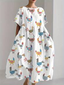 Plus Size Fun Cartoon Chicken Pattern Dress - Flowing Silhouette & Round Neckline With Pocket Design, Casual Style - 白色 - 查看 1