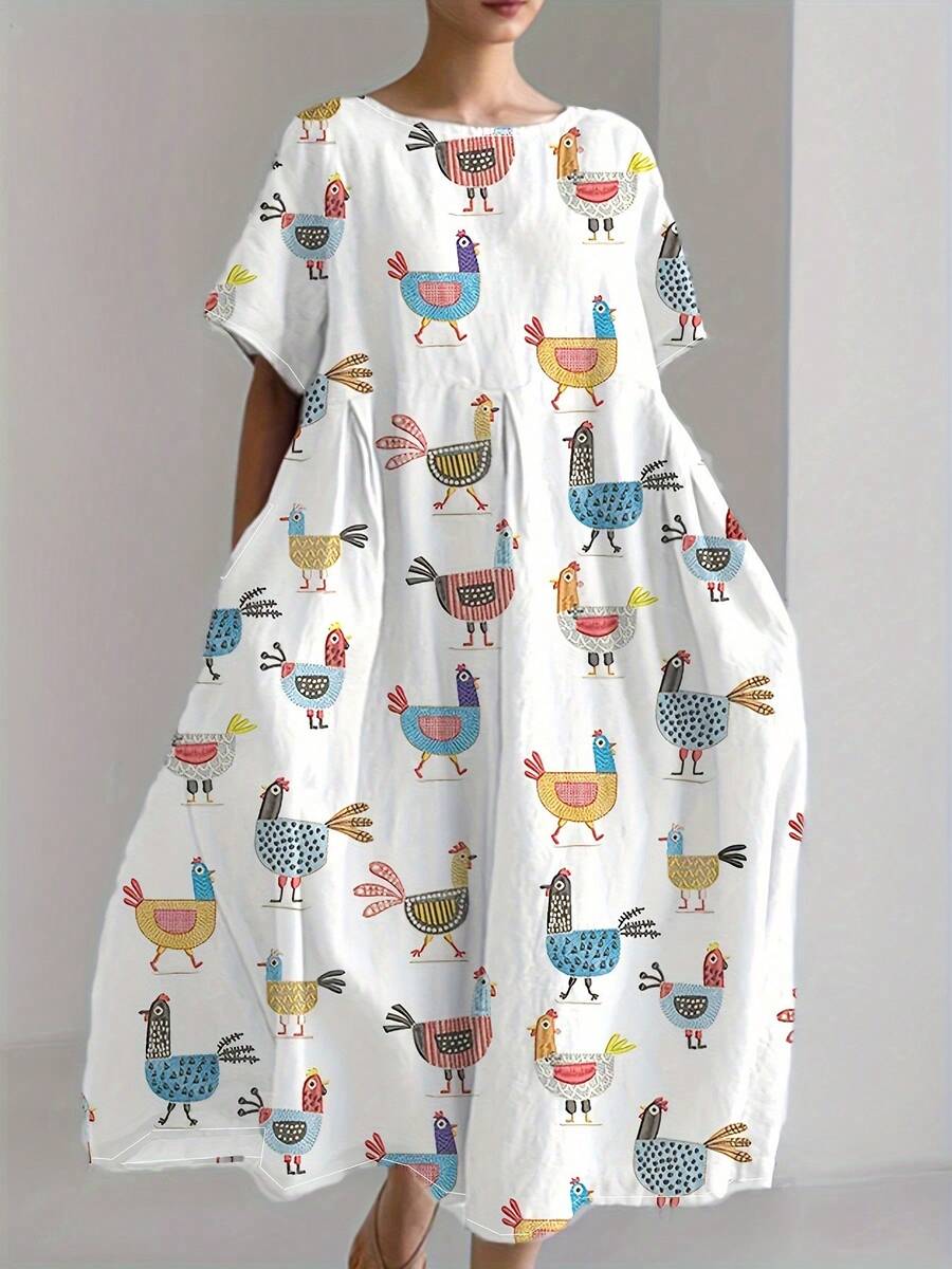 Plus Size Fun Cartoon Chicken Pattern Dress - Flowing Silhouette & Round Neckline With Pocket Design, Casual Style - 白色 - 查看 1