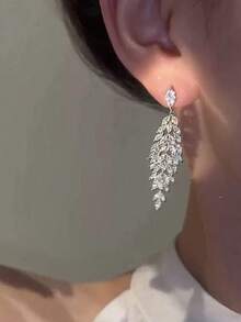 1 Pair Elegant Luxurious Full Rhinestone Tassel Design Earrings For Women, Suitable For Party, Wedding, Holiday Occasions