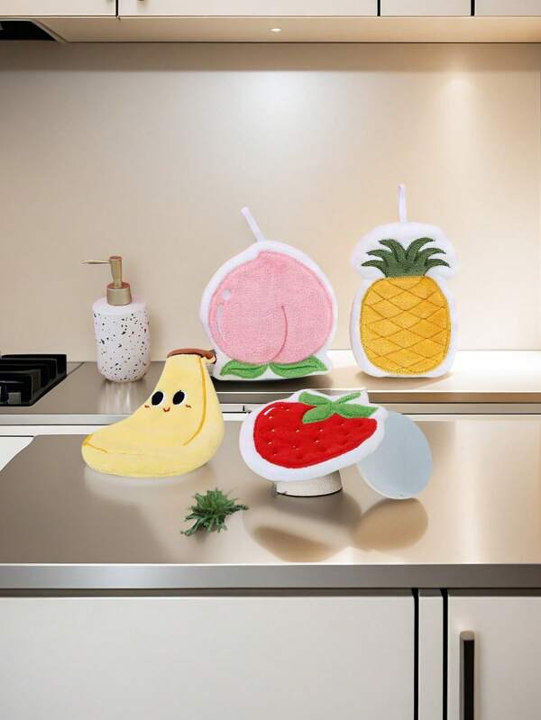 4 件儿童可爱水果形状手巾，悬挂式吸水厨房/浴室卡通柔软洗碗布