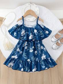 女童花卉印花吊带连衣裙，时尚休闲日常装，夏季 - 藍色 - 查看 2