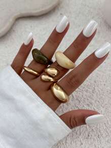 5pcs/Set Vintage Simple Minimalist Thick Chunky Round Design Open Ring Set, Asymmetrical Fashionable Unique Finger Rings, Suitable For Women Daily Commute, Holiday Gifts, Party Decoration Charming Jewelry Set