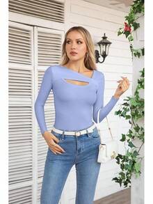 Womens Fashion Fall Cutout Long Sleeve Ribbed Slim Fitted Tops Shirts Tee Tshirts - Long-purple Blue - View 3