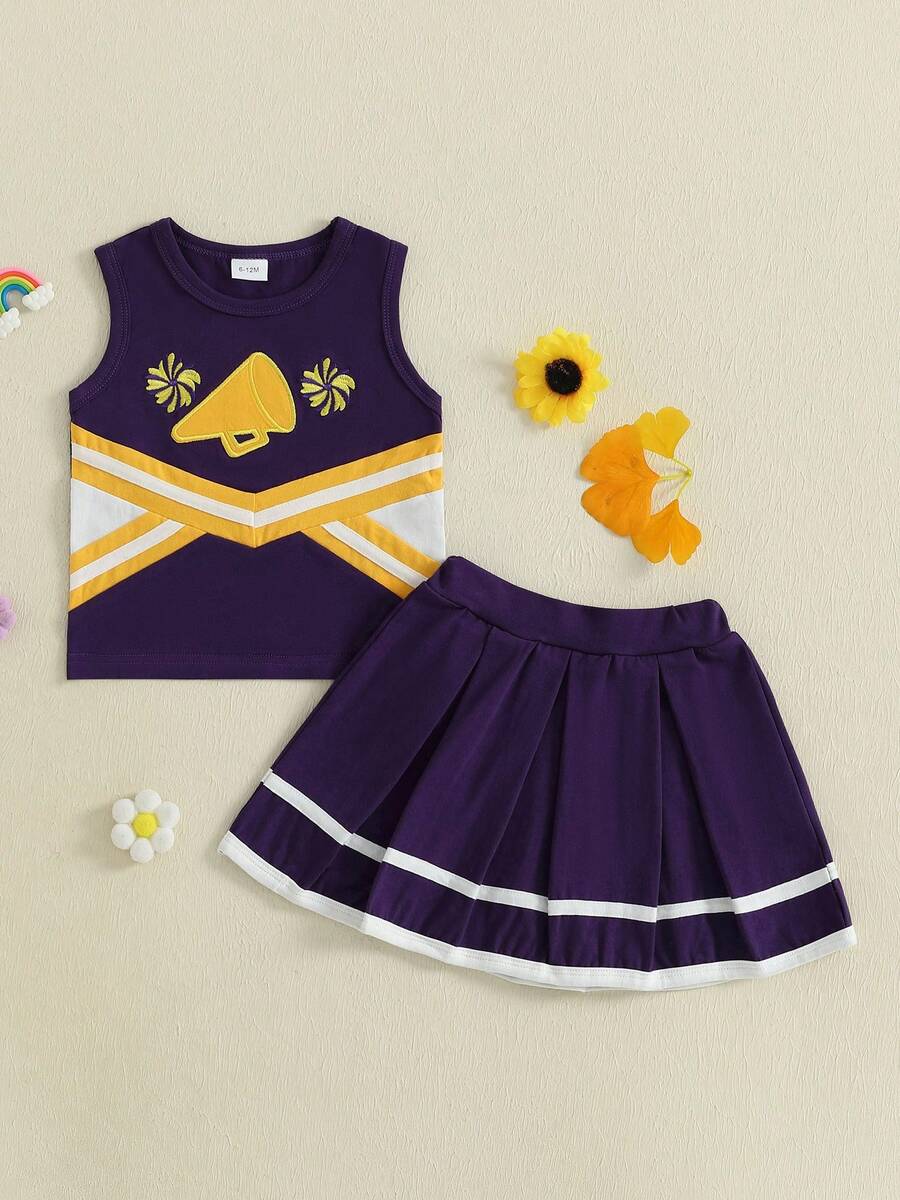 Toddler Baby Girl Cheerleader Outfit Shirt Tops Skirt Set Cheer Uniform Outfit Halloween Cheerleading Clothes - Màu tím - Xem 1