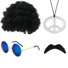 Ensemble de costume disco des années 70/80 pour hommes en 5 pièces - Perruque afro bouclée, lunettes de mode bleues, collier pendentif doré "Disco", chapeau en filet élastique et barbe - Convient pour les fêtes, les jeux de rôle et la décoration d'Halloween