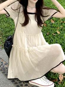 夏季新款宽松娃娃裙休闲连衣裙仙女唯美ins公主短袖连衣裙女时尚 - 杏色 - 查看 4