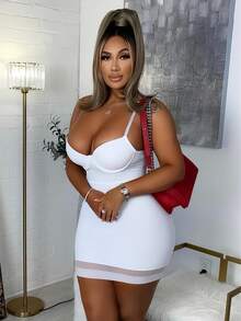 1 pieza Vestido con tirantes para mujer con sujetador incorporado, que realza el busto, brinda soporte en la espalda, adelgaza el abdomen, cincha la cintura, con dobladillo de malla. Adecuado para vacaciones, fiestas, bodas, trabajo y uso en casa. Elegante y de moda. - Blanco - Ver 5