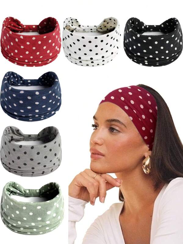 1 pieza Banda elástica suave para el cabello de mujer para deportes, yoga, correr, gimnasio, diadema, pañuelo de lunares de unicolor, diadema de moda bohemia de lunares de poliéster, adecuada para accesorios de cabello de todas las estaciones
