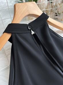Elegant Sleeveless Mock Neck Asymmetrical Hem Halter Dress | Casual Loose Simple Spring Summer Outfits For Women, Vacation Outfits - 黑色 - 查看 6