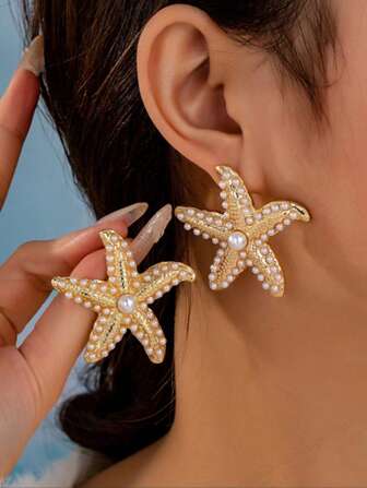 1 Pair Elegant Pearl Inlaid Starfish Earring, Fashionable Casual Ocean Style Accessories For Women, Suitable For Daily Wear And Vacation