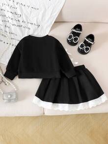2-Piece Set Toddler Girls European & American Style Casual Long Sleeve Sweatshirt And Skirt Outfit, Lightweight, Spring/Autumn - Black - View 2