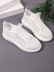 New Women Comfortable Breathable Low-Top Casual Sneakers, Preppy College Style Fashion Vacation Street Wear - White - View 6