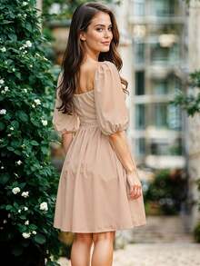 Vestido Corto de Escote Cuadrado con Manga Abullonada Casual para Mujer - Beis - Ver 4