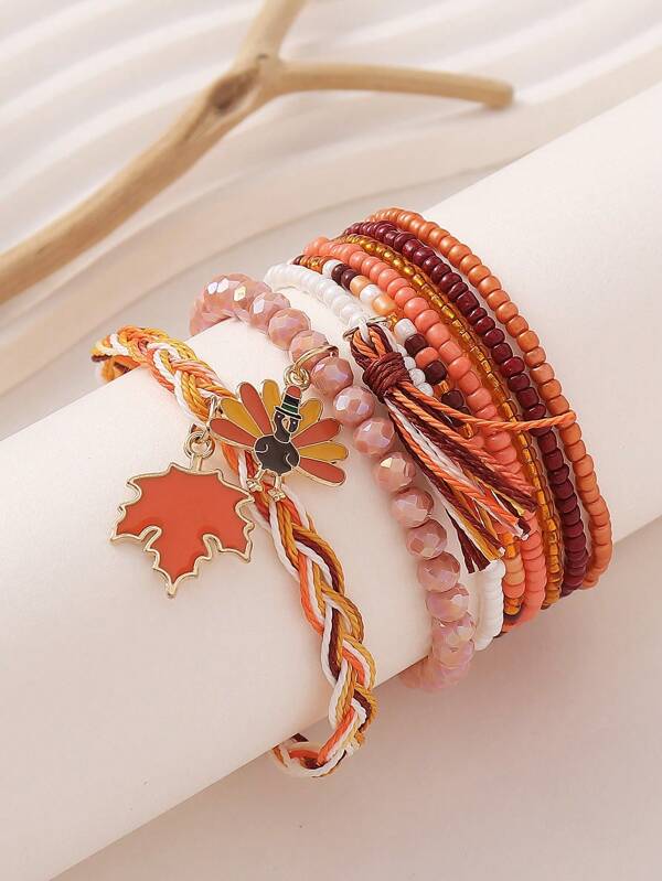 8pcs/Set Thanksgiving Themed Bracelet Set, Colorful Woven Bracelets With Warm Orange Tone Multi-Layer Beaded Design, Conveying Cozy Autumn Vibes With Maple Leaf And Turkey Elements