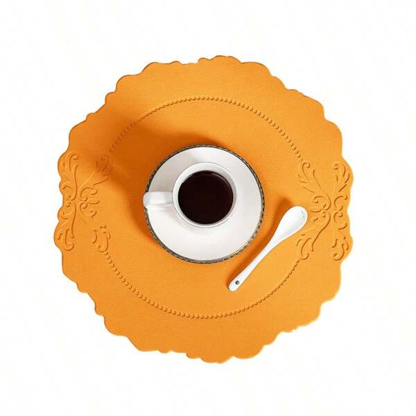 6pcs Orange Round Embossed Placemats, Decorative Lace Trim Placemats, Holiday Gift Placemats