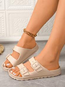 Modne sandały damskie, jednokolorowe, regulowane, płaskie sandały z pianki EVA z podwójną klamrą, lekkie, miękkie podeszwy, klapki plażowe, szerokie