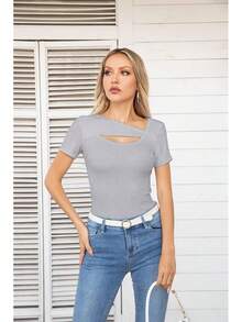 Womens Fashion Fall Cutout Long Sleeve Ribbed Slim Fitted Tops Shirts Tee Tshirts - Short-grey - View 6