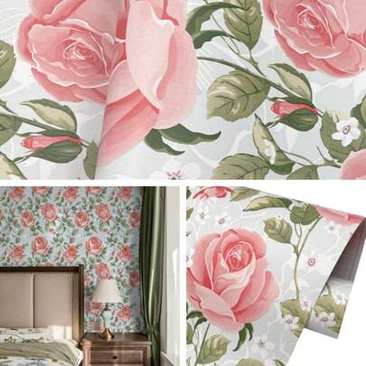 1 Rolle hellrosa personalisiertes Blumenmuster Tapete - Badezimmer Wohnzimmer Raum Wanddekoration Schrank Kaffeetisch Cover-Up Aufkleber abnehmbar Küche Tapete Dorm Büro Dekoration Innenraum einfach zu entfernen, hinterlässt keine Rückstände, einfach zu installieren, wasserfeste Wandaufkleber Größe 45cm/5m/3m/1m