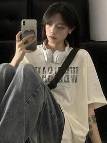 重磅 100% 纯棉时尚品牌印花宽松休闲短袖 T 恤，夏季甜美风格，百搭上衣 - 杏色 - 查看 4