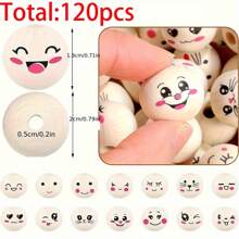 120pcs Wooden Beads With Holes, Big Eyes, Happy Expression, Suitable For Handcrafts, DIY Jewelry And Crafts, Home Decor, Professional Art Supplies, Mother's Day, Father's Day, Teacher's Day Decoration Gifts