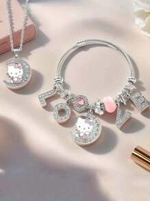 Set di 2 pezzi di gioielli di alta qualità scintillanti in argento - Collana con pendente di Hello Kitty e braccialetto "Love", regalo di San Valentino di per la fidanzata, autorizzato da Sanrio