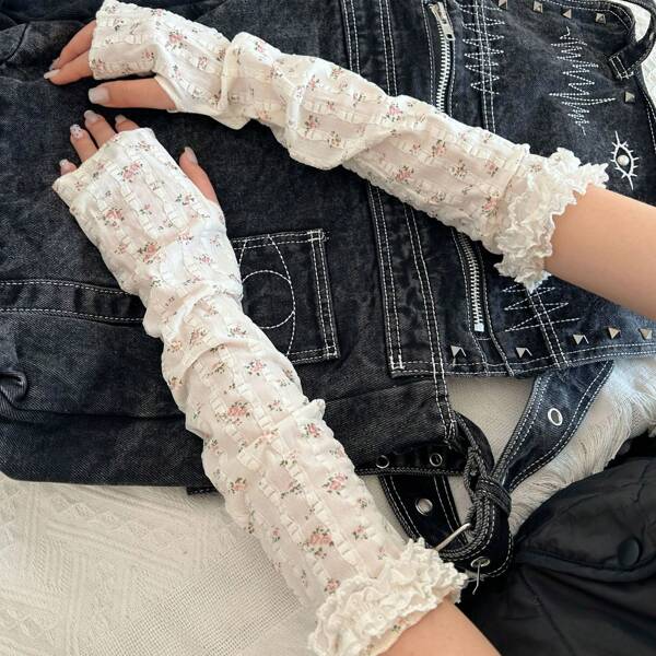 1 peça mangas de braço femininas com estampa floral pequena, mangas de braço com renda e gelo, mangas de braço respiráveis de malha para primavera e verão